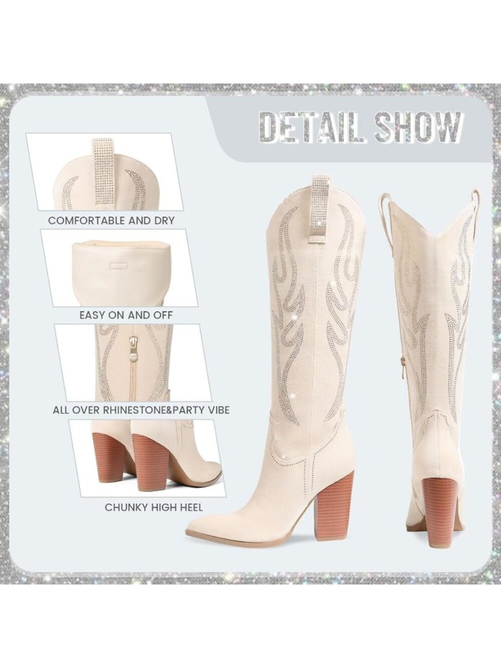 Women's Beige Rubber Pointed Toe Rhinestones Embroidered Western Knee High Boot - Picture 6 of 6